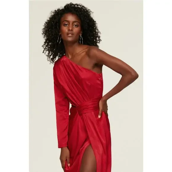 ML MONIQUE LHUILLIER Red Drapey One Shoulder Thigh Grazing Slit Gown size 4